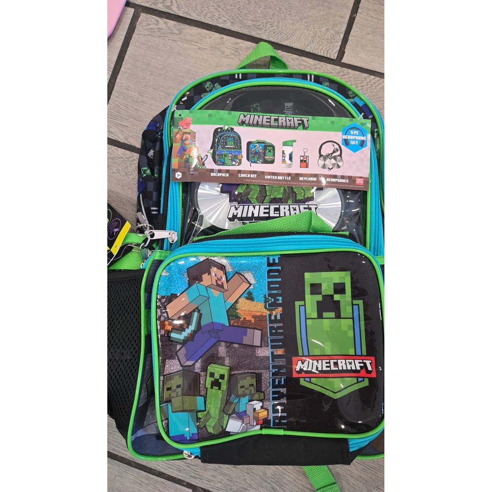 Minecraft 5 Piece Backpack Set 17 Inch Bag Lunch Kit Headphones Water Bottle New